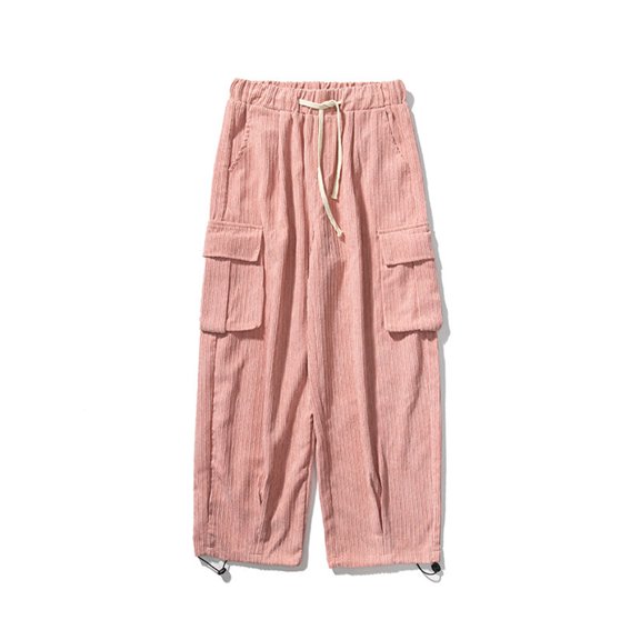 Ceisia Men's Corduroy Cargo Pants Wide Leg Elastic Waist with Drawstring Solid Color Casual Trousers Multi-Pocket Bottoms Gifts for Father