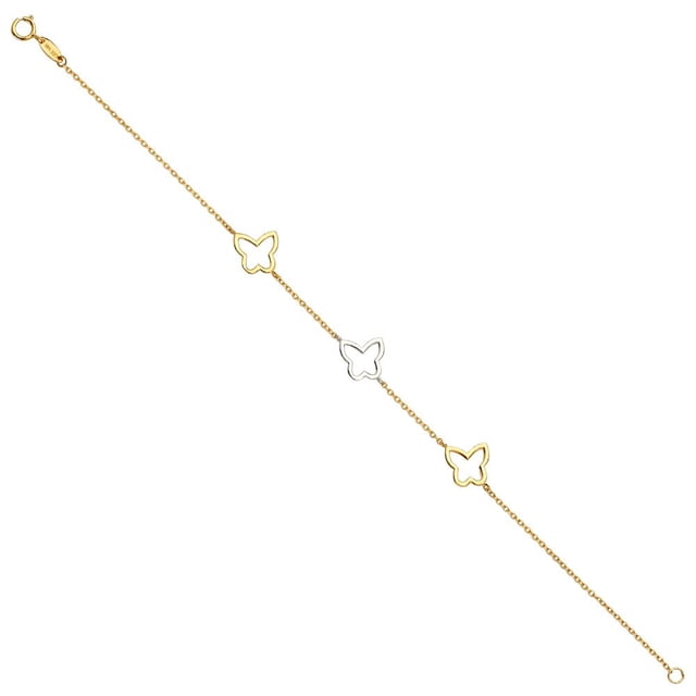 Precious Stars 14K Tri-Tone Gold Butterfly Charm Chain 7"+1" Ladies Bracelet