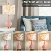Cinkeda Pink Ceramic Table Lamp with USB Ports Floral Shade 3 Way Dimmable Touch Control Single Nightstand Lamp 24 Modern Gold Bedside Lamps for Living Room Bedroom