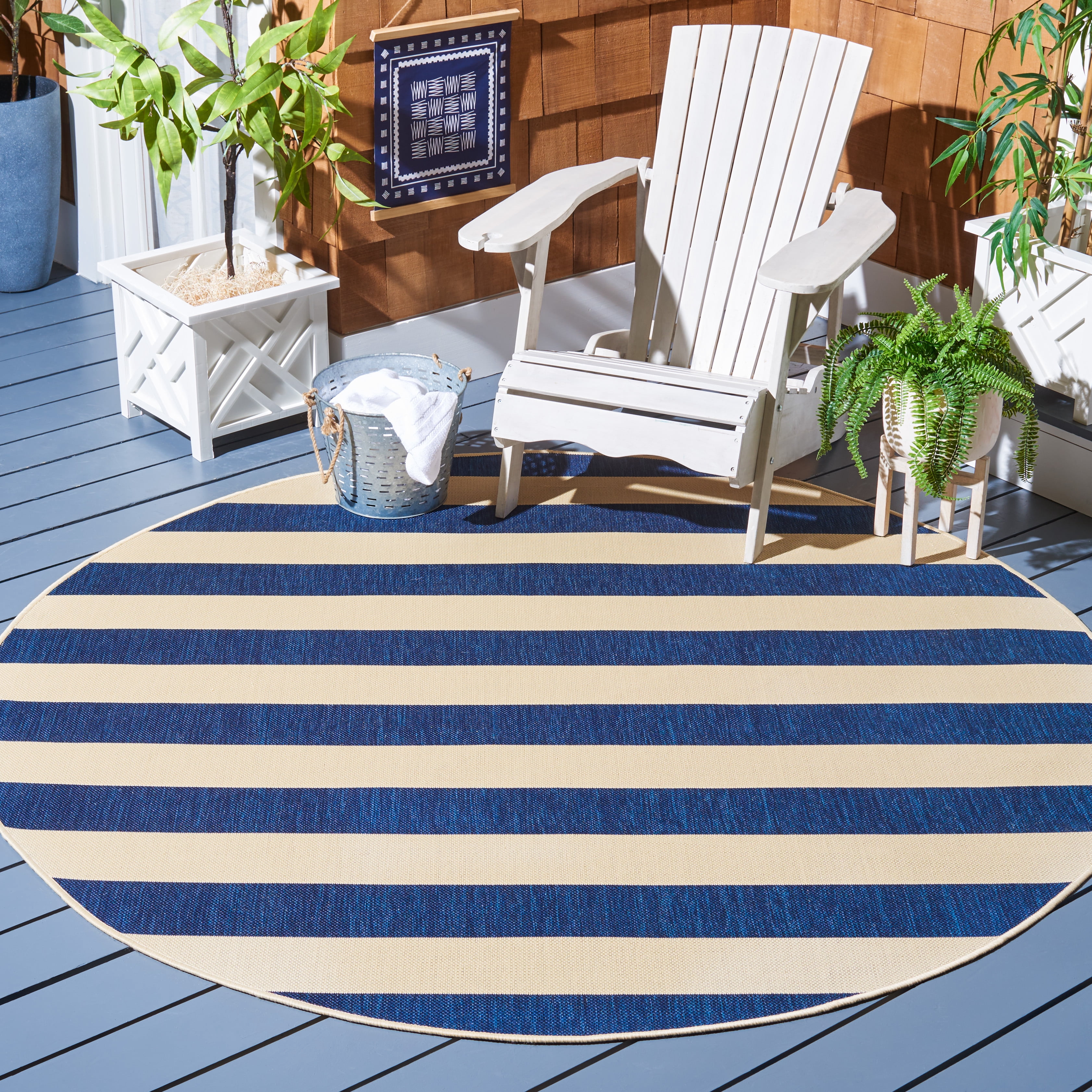 Safavieh Courtyard Ermintrude Striped Indoor/Outdoor Area Rug, Beige/Navy, 6'7" x 6'7" Round