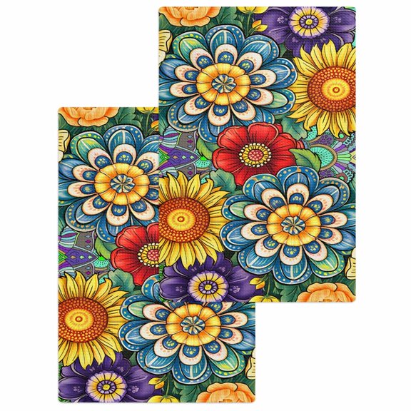 Boho Colorful Floral Kitchen Dish Towels for Drying Dishes Set of 2, Spring Flower Botanical Sunflowers Plant Waffle Weave Microfiber Hand Tea Bathroom Towels Quick Dry & Absorbent Towel 15.7x23.6