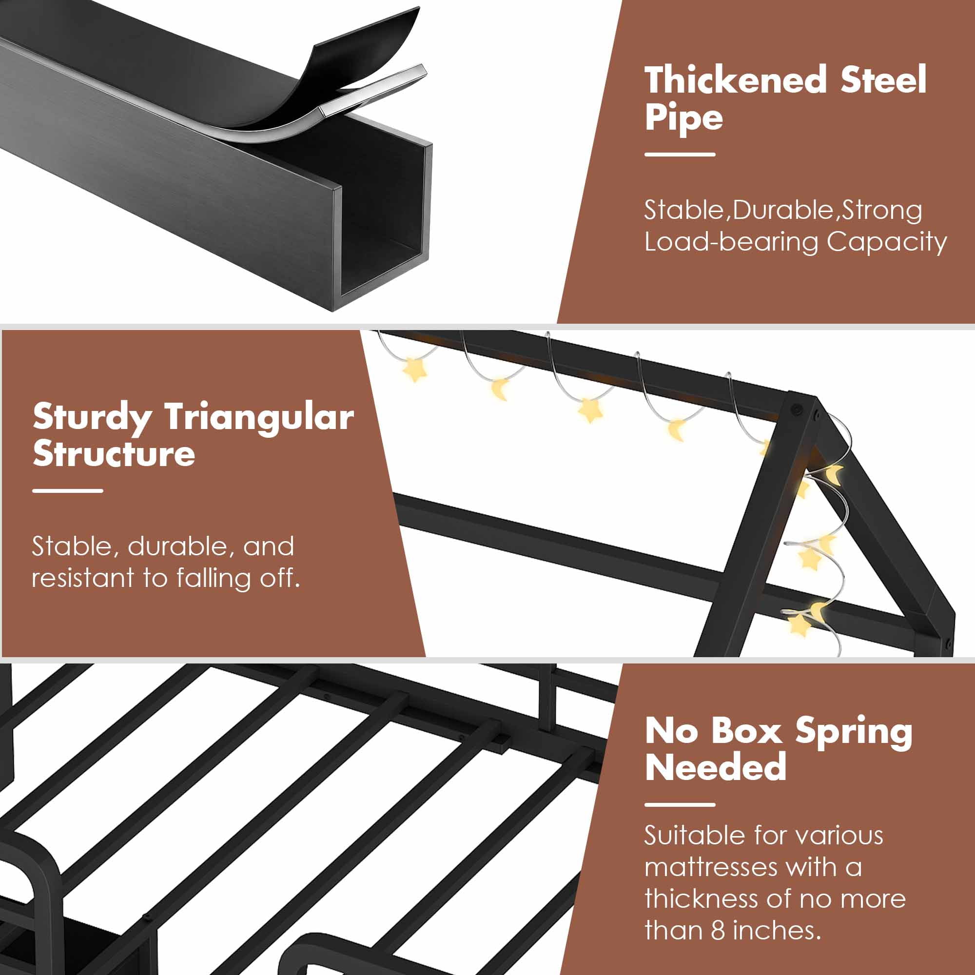 Miniyam Twin House Bed Frame with 6 Storage Drawers and Star Moon Lights, Metal Platform Bed, Black