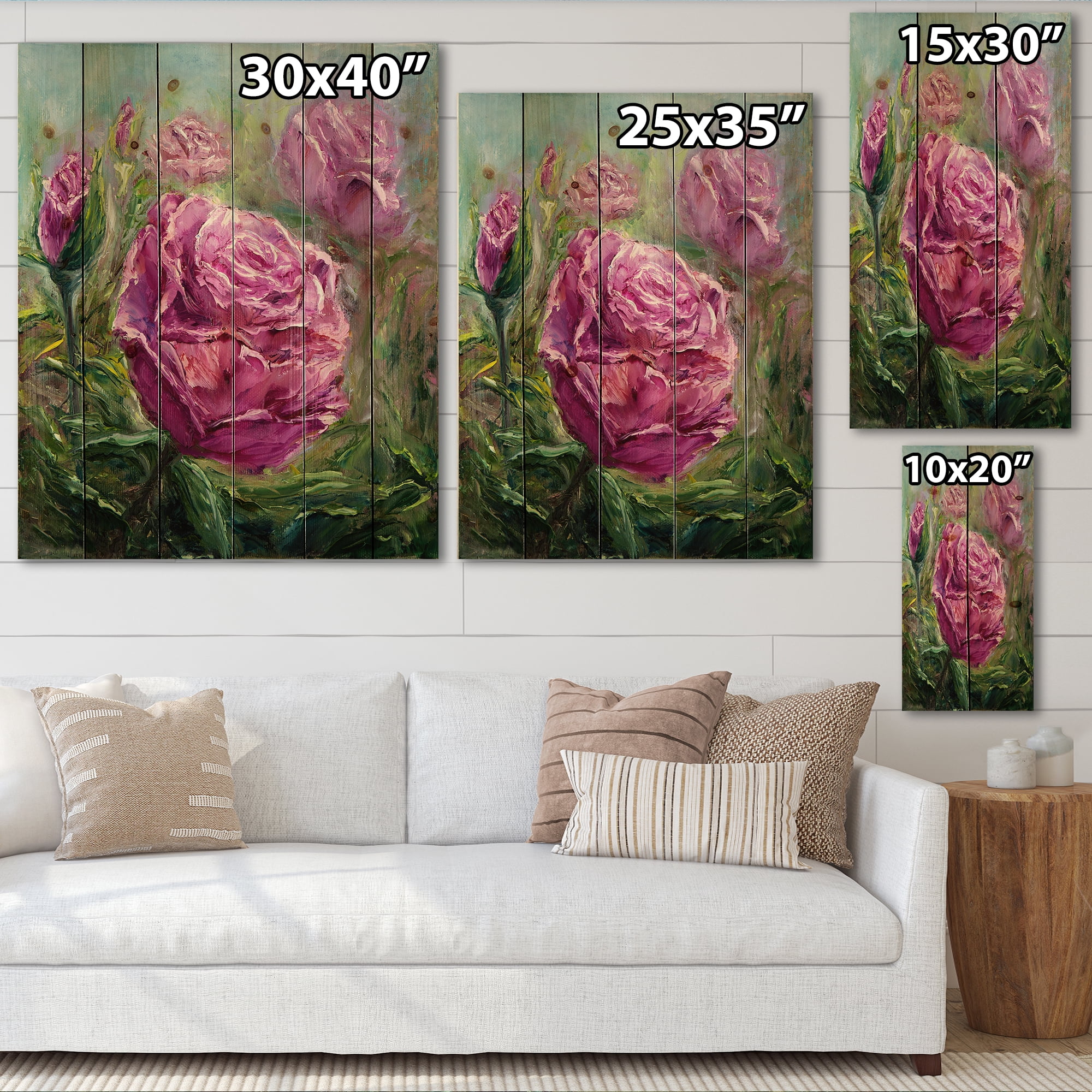 Designart 'Abstract Pink Peonies' Traditional Print on Natural Pine Wood