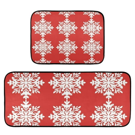 

Red Background Christmas Snowflakes Rug Carpets Floor Mats Non-slip Water Absorption Set of 2 for Kitchen Bathroom Laundry