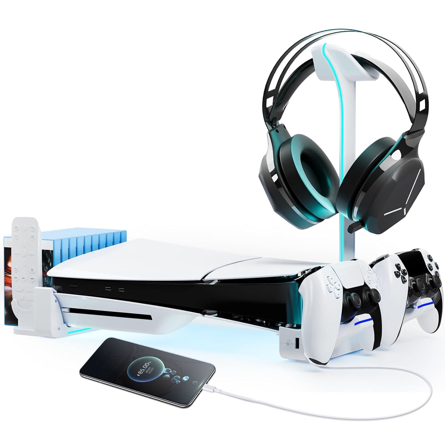 Horizontal Stand for PS5 Slim Disc & Digital Console, Playstation 5 Slim Stand with Dual Controller Charger and 7 RGB Light, PS5 Slim Accessories for PS5 Slim Console (NOT Fit PS5), White