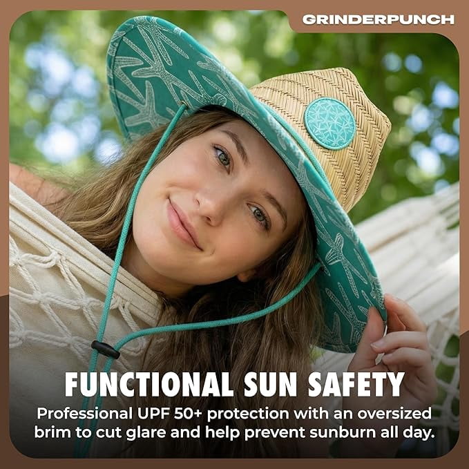 Grinderpunch Lifeguard Hat Mens Straw Sun Hat for Beach, Outdoor, and Travel | UPF 50+ Sun Protection | Wide Brim Straw Beach Hat | Classic Sun Hat for Men and Women ( Teal Starfish )