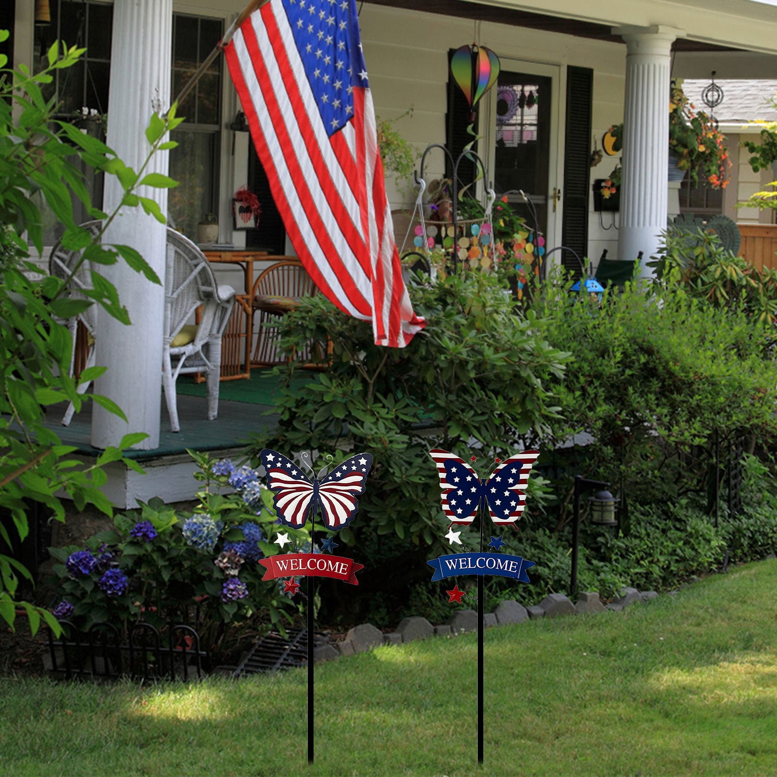 ERTZAE 2Pc Patriotic Garden Stake,15.74" Patriotic Butterfly Welcome Yard Stake,4Th Of July Decorations Outdoor,Usa Lawn Porch Yard Sign,Red White Blue Independence Anniversary Memorial Day Decor