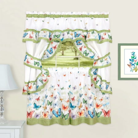 - Butterflies Printed Kitchen Curtain Cottage Set Swag Tiers and Tiebacks