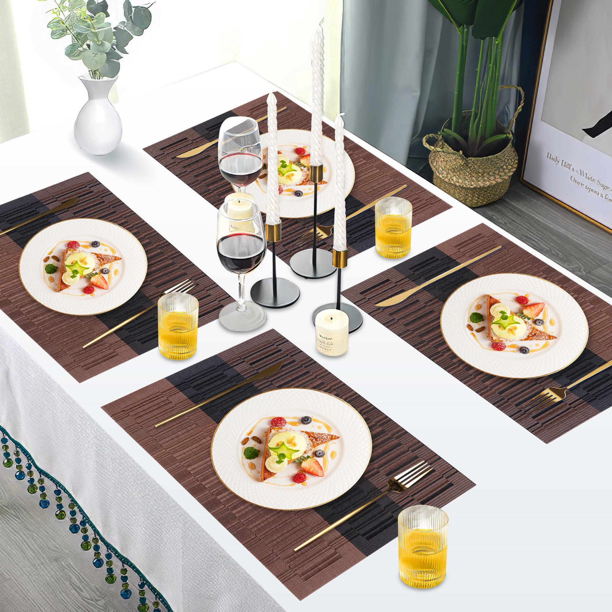 VCVCOO Set of 4 PVC Woven Placemats, Brown Stripe photo 2