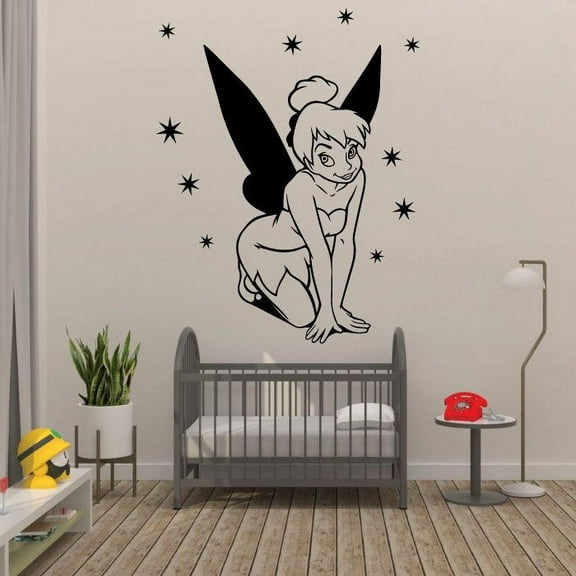 Tinkerbell Beautiful Elegant Fairy Pixie Dust Tinkerbell Disney Movie Character Tinkerbell Silhouette Vinyl Wall Art Sticker Decoration Decal For Home Kids Baby Girls Childrens Room Size (10x10 inch)