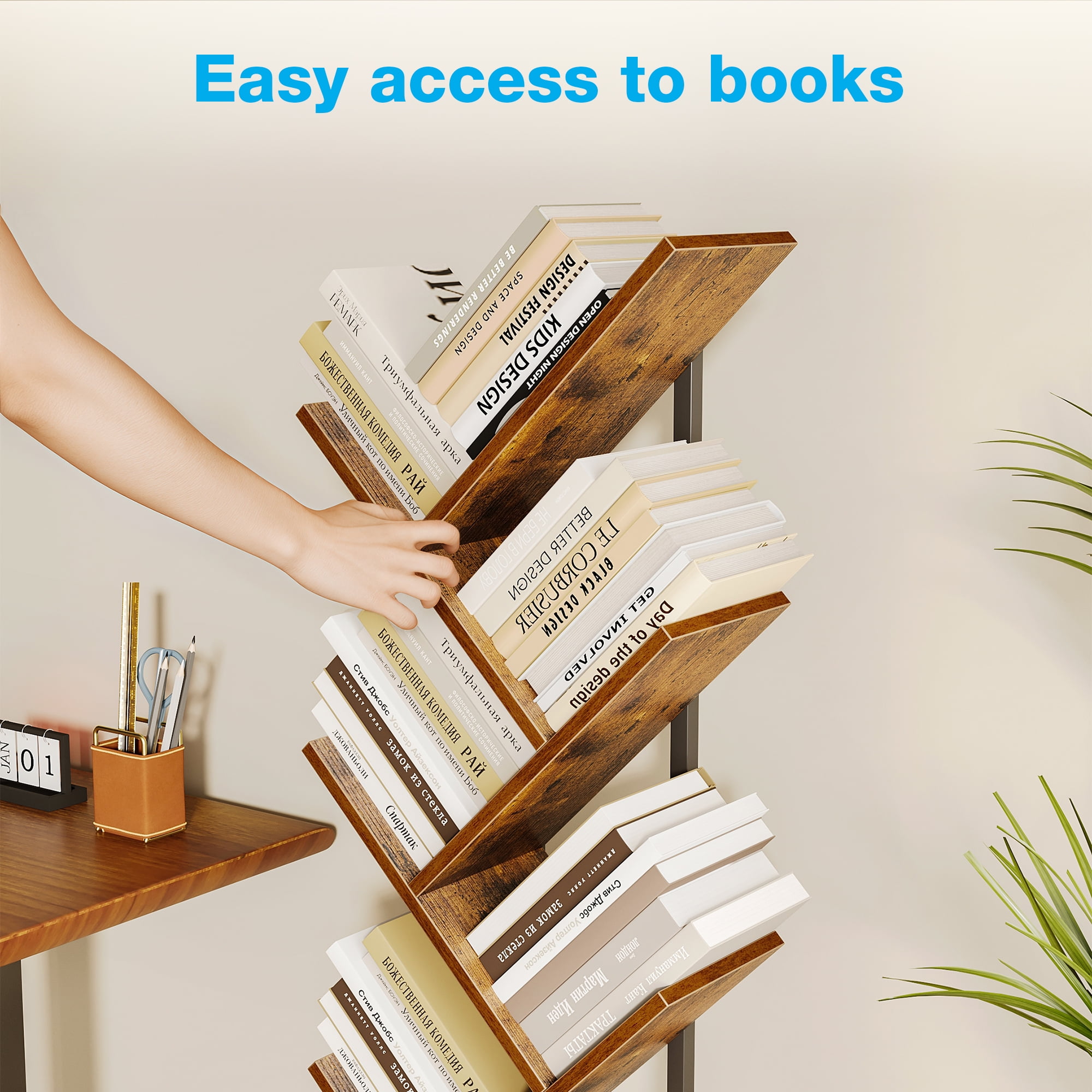 Casacomoda 6-Tier Tree Bookshelf for Corner & Small Space — Narrow Steel & Wood Bookcase, Tall Floor Standing Book Organizer Shelf with Storage Cabinet, Home Decor for Living Room, Bedroom, Vintage