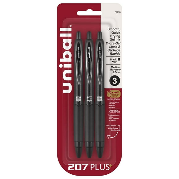 Stylos gel rétractables uniball™ 207 Plus+, pointe moyenne (0,7 mm), noir, lot de 3