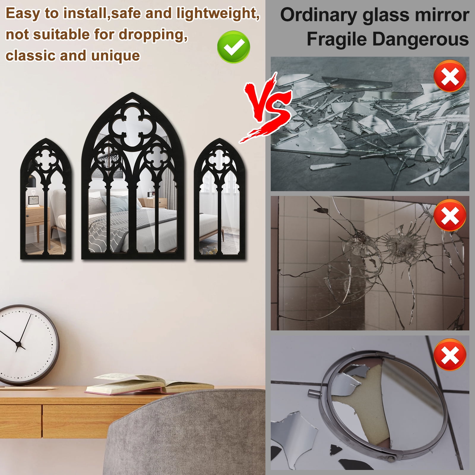 EUWBSSR 3Pcs Gothic Arch Wall Mirrors – Wood-Framed Decorative Set for Living Room, Bathroom, or Bedroom (1- Large :  7.2×11.8 inches, 2 - Small: 3.6×8.6 inches)