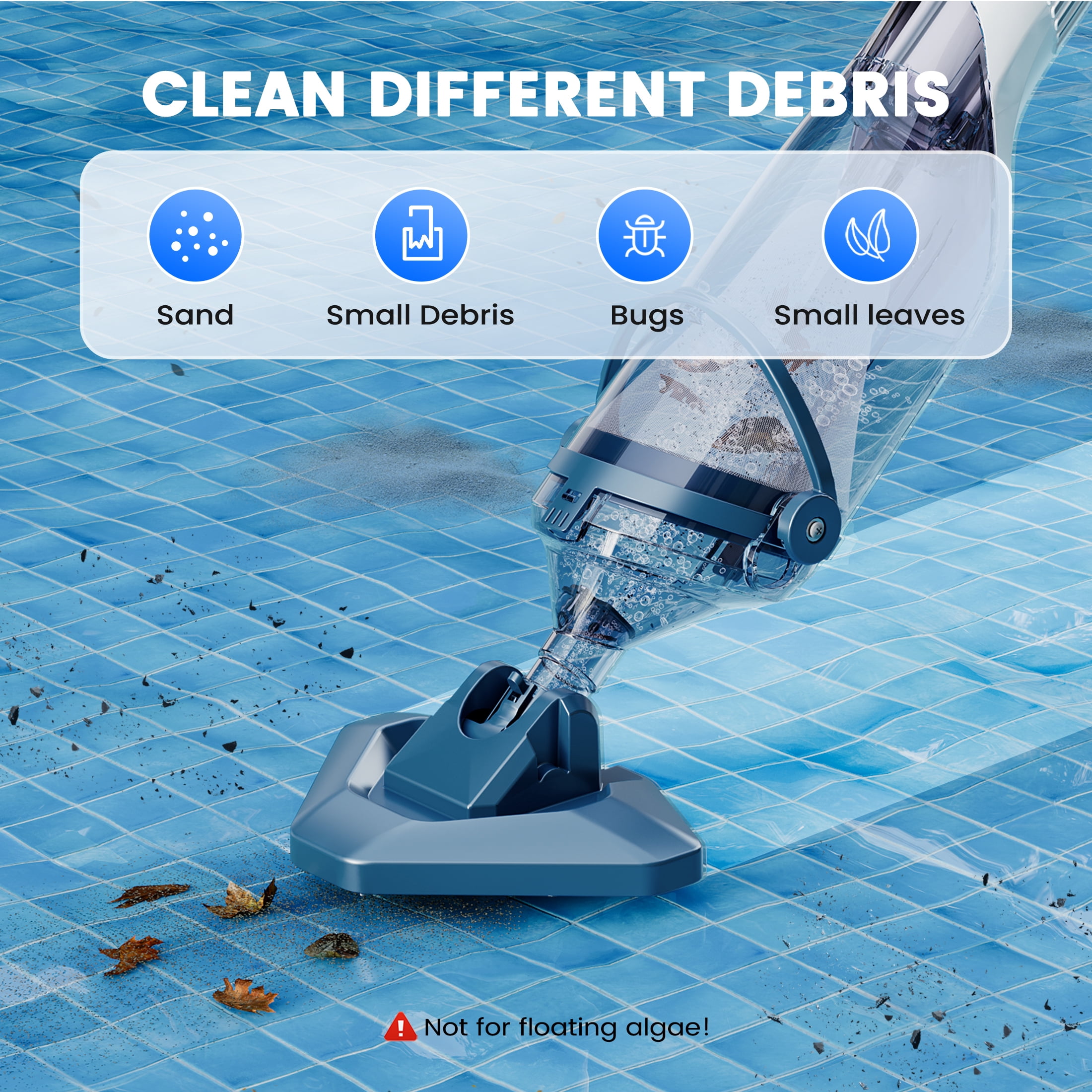 Cordless Pool Vacuum, Handheld Pool Vacuum for Above Ground Inground Pools, Spas and Hot Tubs, 60-Minute Runtime, Powerful Suction up to 18.5 gallons/min, Efficient Leaf and Debris Removal