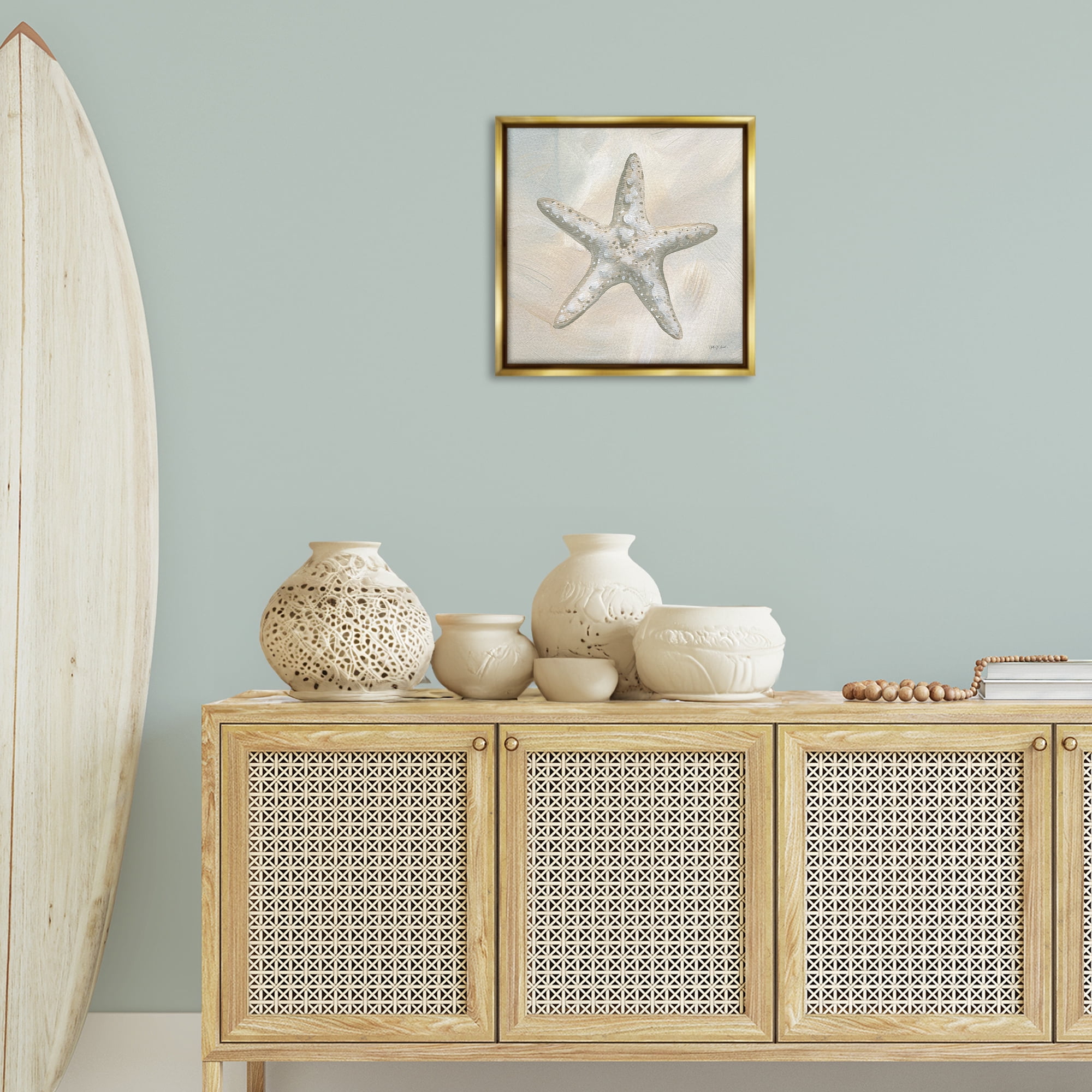 Stupell Industries Simple Beige Starfish Coastal Painting Gold Floater Framed Canvas Art Print Wall Art, 18 x 18