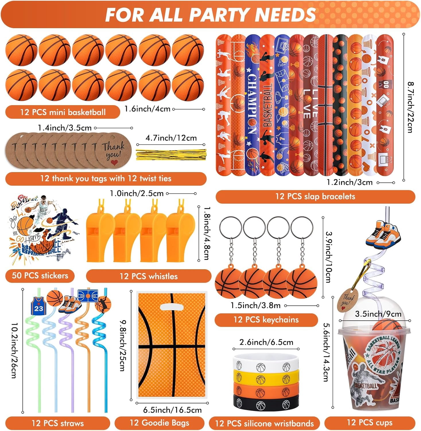 170 Pcs Basketball Party Favors Pack with Cups Straws Stress Ball Silicone Wristbands Slaps Bracelets Keychains Stickers Whistles Thank You Tags Goodie Bags for Basketball Birthday Party Supplies