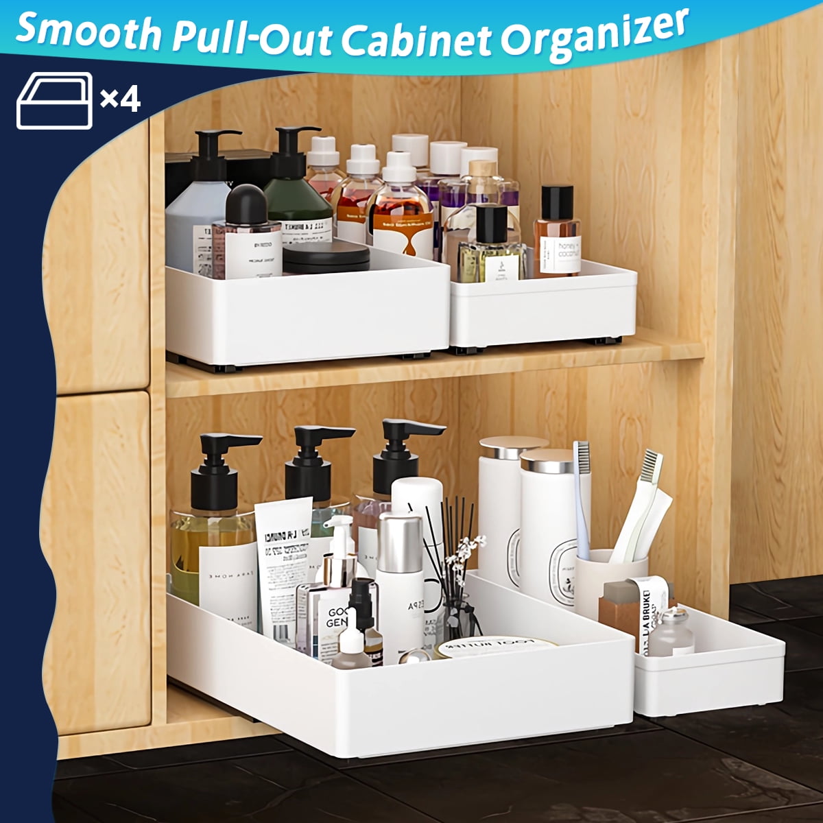 OKKEAI 1-Shelf Expandable Kitchen Pantry Cabinet Organizer, Bathroom Cabinet Organizer, 4 Count