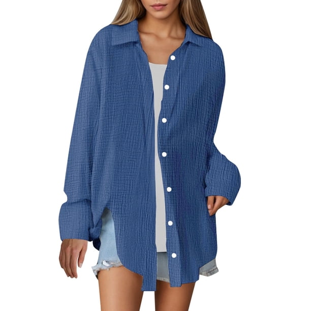 Camisa oversize lisa para mujer: prenda informal de corte holgado y tejido transpirable, cómoda para el día a día y las salidas informales.