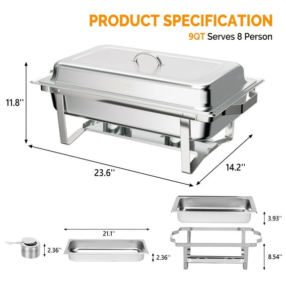 ROVSUN 4 Pack Chafing Dish for Buffet, 9 Quart Stainless Steel Chafing Dish Buffet Set with Rolled-Edge Design, Chafers and Buffet Warmers Sets with Folding Frame for Party, Catering, Wedding