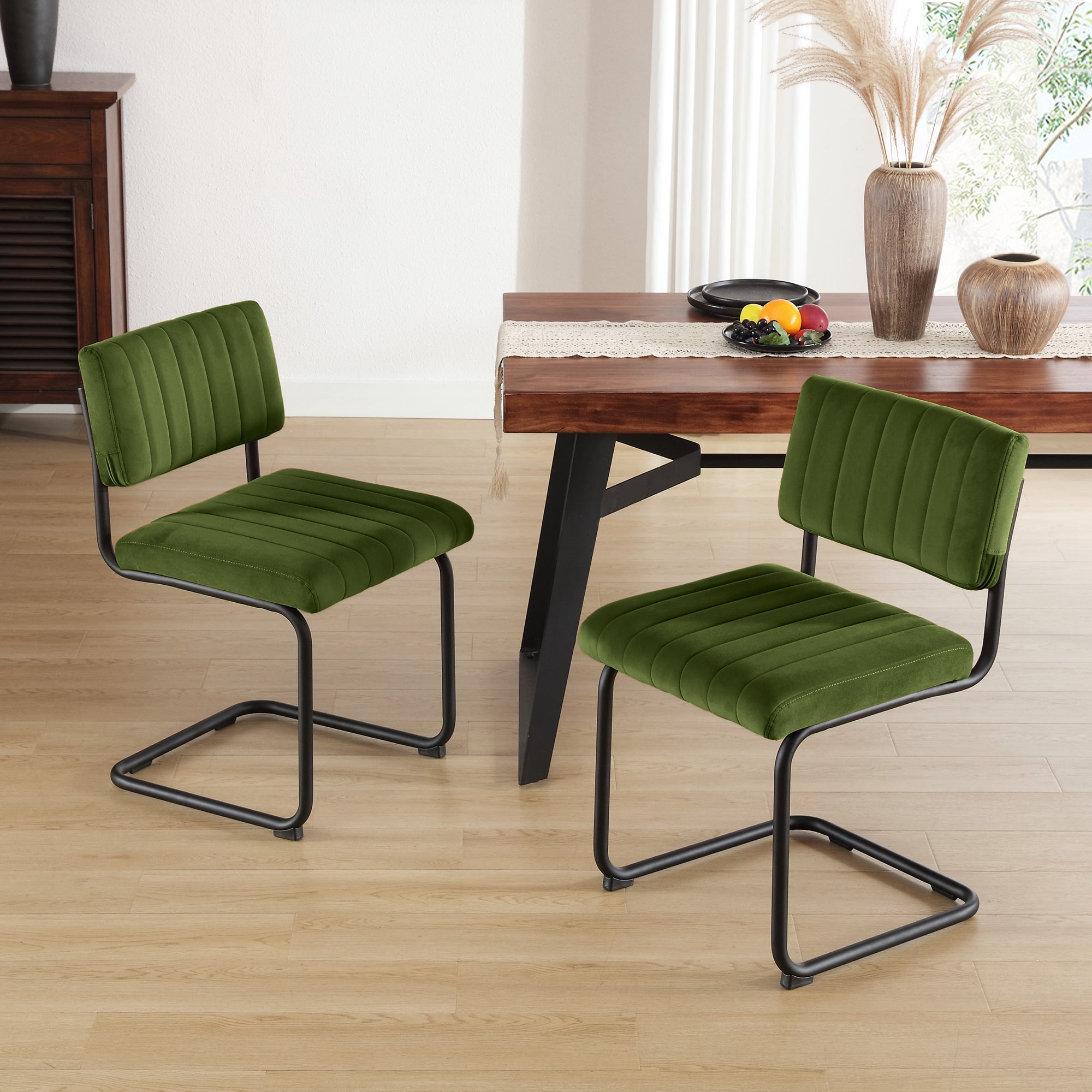 Zesthouse Mid Century Modern Dining Chairs Set of 2, Velvet Upholstered Dining Room Chairs with Metal Legs, Tufted Channel Kitchen Chairs for Dining Living Room, Green