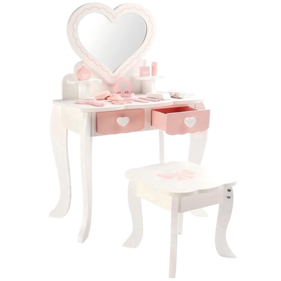 Morrow Mae Kids Pretend Play Kids Vanity, Table & Chair Vanity Set with Mirror, Girls Makeup Dressing Table with Storage Drawer & Play Make Up Toys For Kids 3