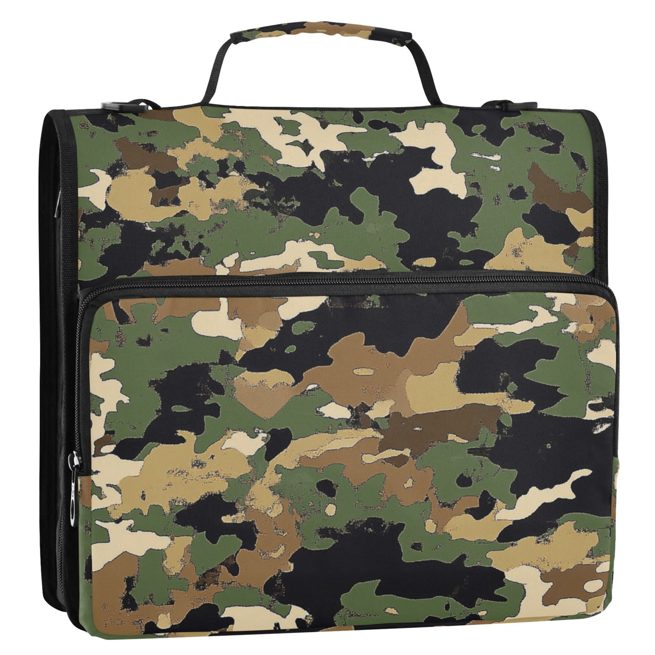 3 Ring Zipper Binder with Shoulder Strap Waterproof Trapper Keeper 2 Inch D-Ring 500 Sheets Capacity Green Brown Camouflage