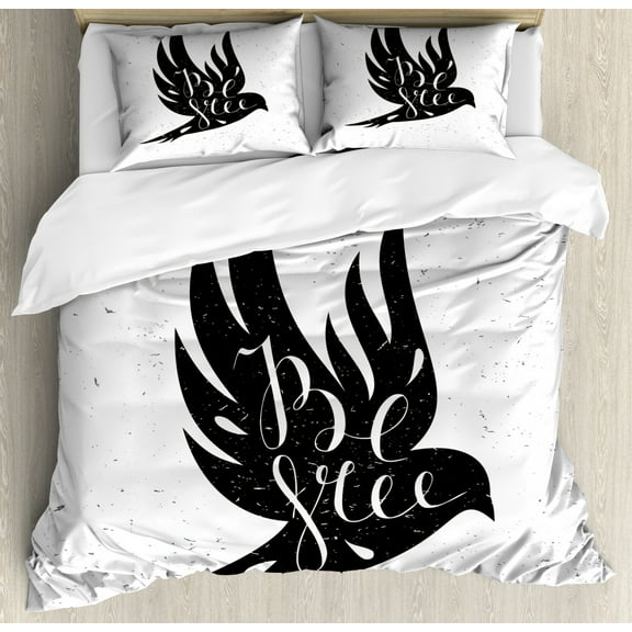 Saying Duvet Cover Set King Size, Motivational Saying Be Free Calligraphy on Silhouette of Flying Bird Print, Decorative 3 Piece Bedding Set with 2 Pillow Shams, Charcoal Grey White, by Ambesonne