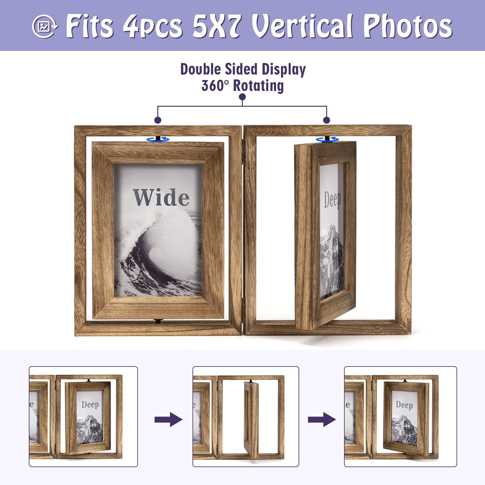 5x7 Picture Frame, Tabletop Wood Double Sided Display Folding Photo Frame, Rotatable High Definition Glass Collage Picture Frames, Rustic Brown
