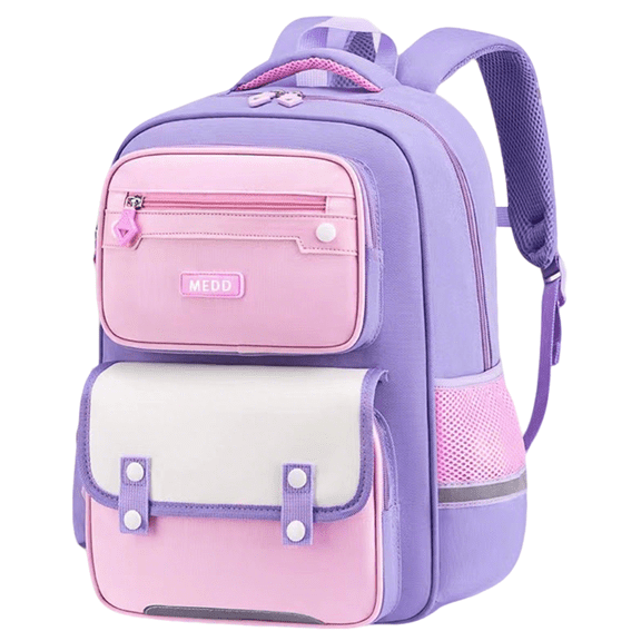 School Backpack for Kids Girls Grade 3-6 Cute Color Matching School Bookbag with Multiple Pockets for Elementary Primary - Purple