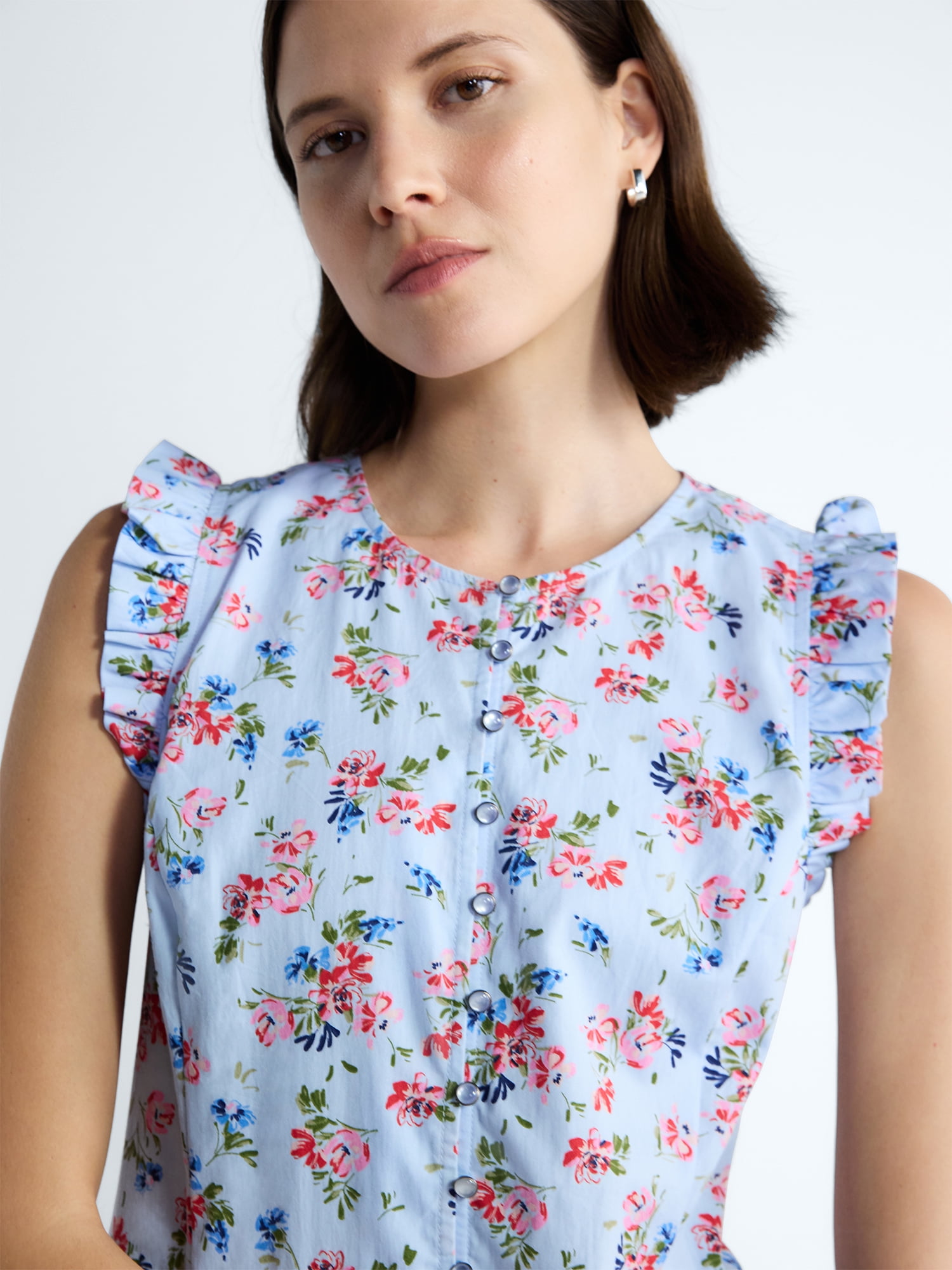 Free Assembly Women's Button Front Cotton Mini Dress with Flutter Sleeves, Sizes XS-XXL