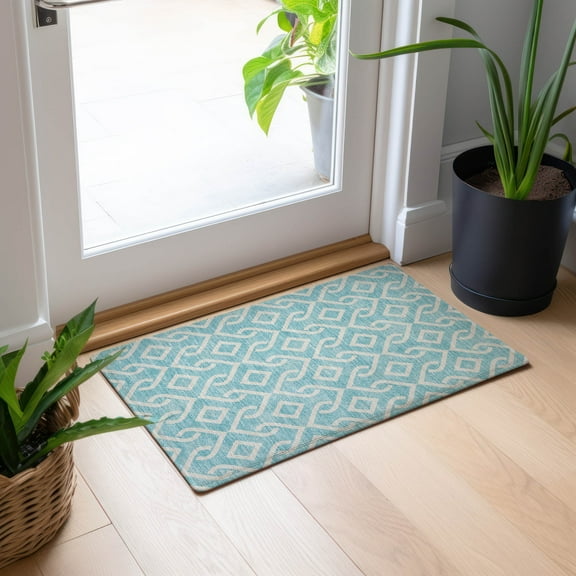 Addison Rugs Chantille Indoor/Outdoor Transitional Geometric Aqua Washable Rectangle Rug, 1'8" x 2'6"