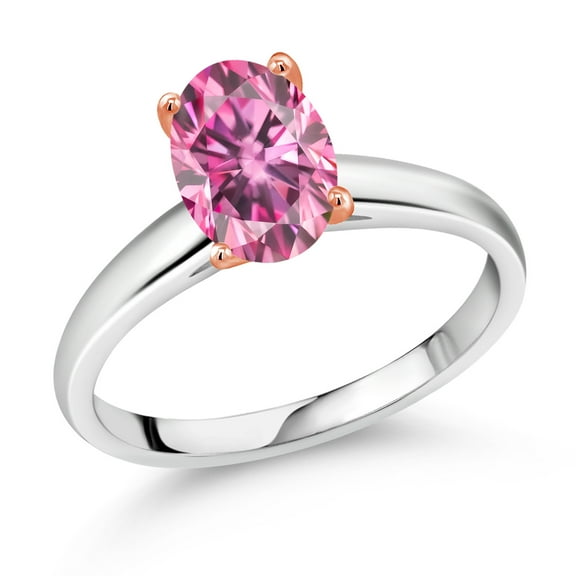 Gem Stone King 10K White and Rose Gold Ring Pink Oval Moissanite (2.00 Cttw) (Size 9)