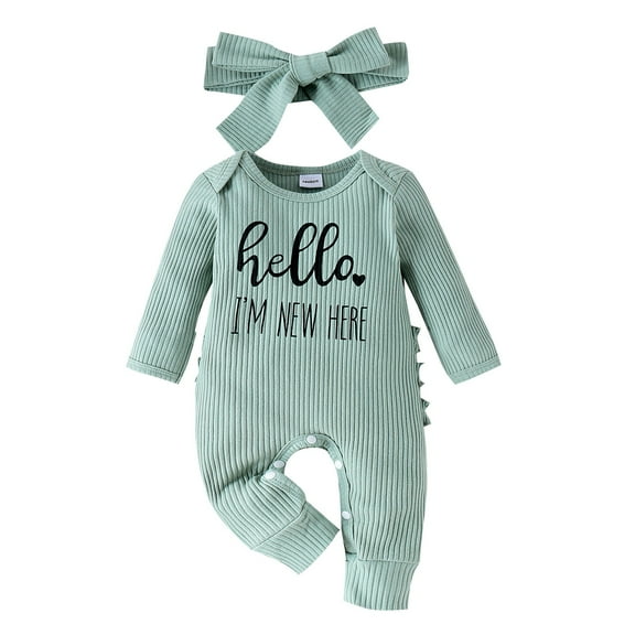 Generic HelloI'M NEW HERE Letter Print Long Sleeve Bodysuit Bow Set for Toddler Boys Girls Comfortable for Holiday Christmas Party（0-3 Months Green）