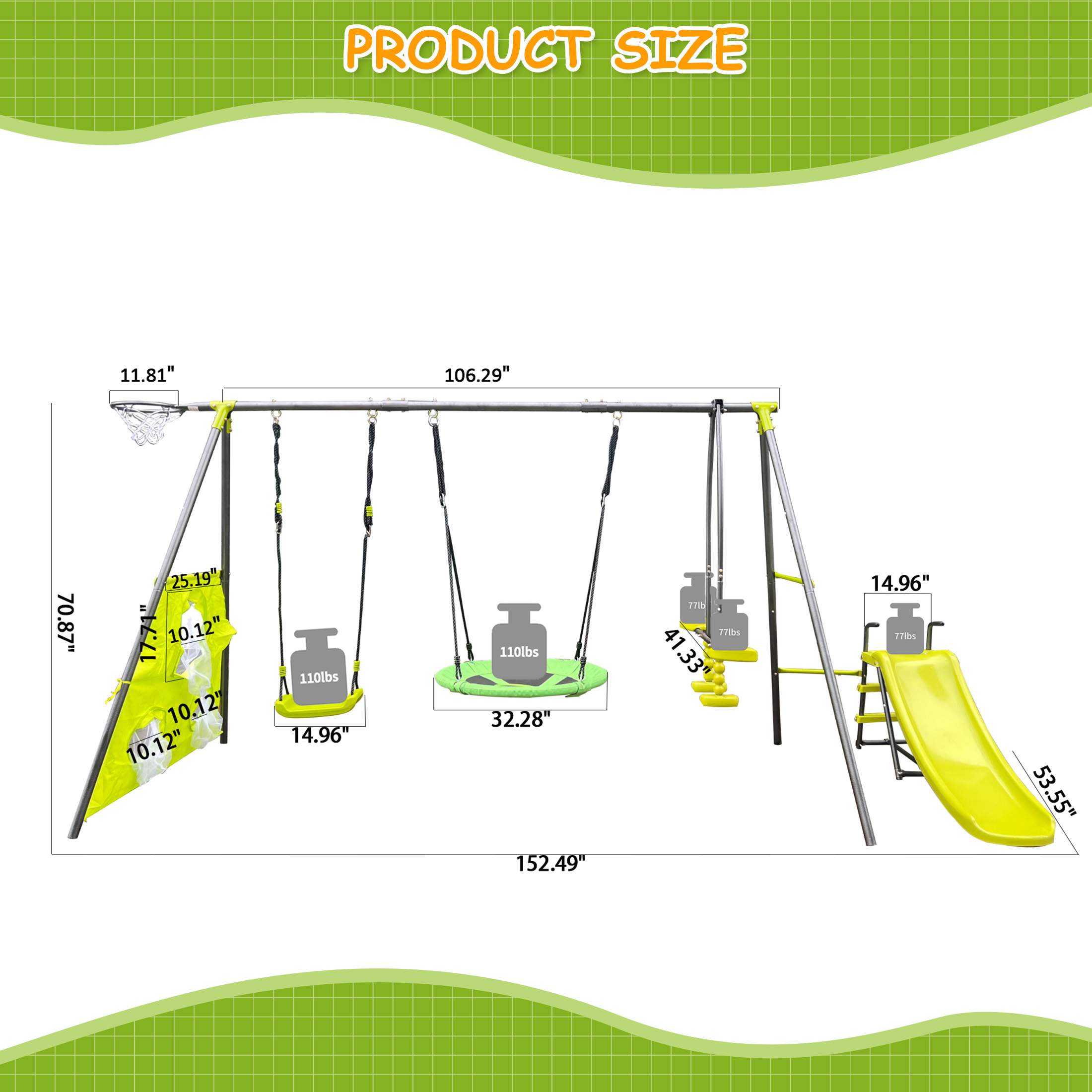 Aukfa 6 in 1 Outdoor Swing Set for Kids, 450Lbs Heavy-Duty Metal Frame with Glide Ride, Slide, Belt Swing, Disc Swing, Basketball Hoop and Soccer Goals for Backyard Playground, Green