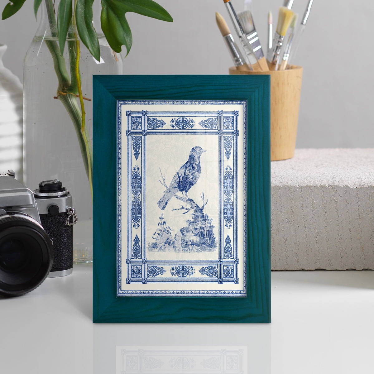 Toile de Jouy I -Framed Print w/glass-Ocean Blue