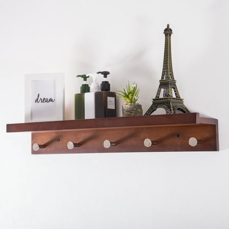 Ollieroo Bamboo Wall Mounted Shelf, Coat Hooks Rack with 5 Alloy Hooks for Entryway, Bedroom, Kitchen, Bathroom, Length 24