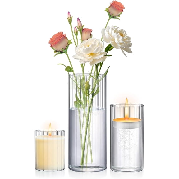 AllWays Plaza 4 Pack Ribbed Glass Cylinder Vases 4,6,10 Inch Tall Clear Flower Vase Hurricane Floating Candle Holder for Table Centerpiece Wedding Home Decor