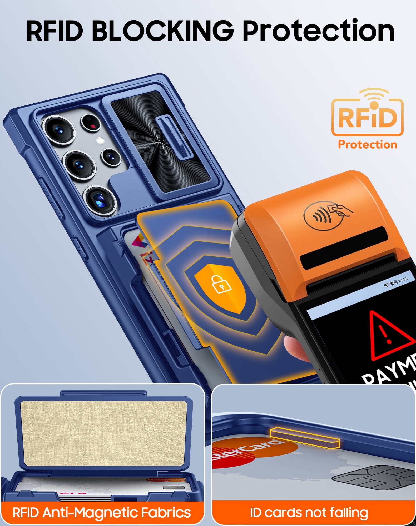Vizvera for Samsung Galaxy S24 Ultra Phone Case with RFID Cards Holder (Store 4 Cards)&Camera Cover & Kickstand,Shockproof Silicone Case-Blue