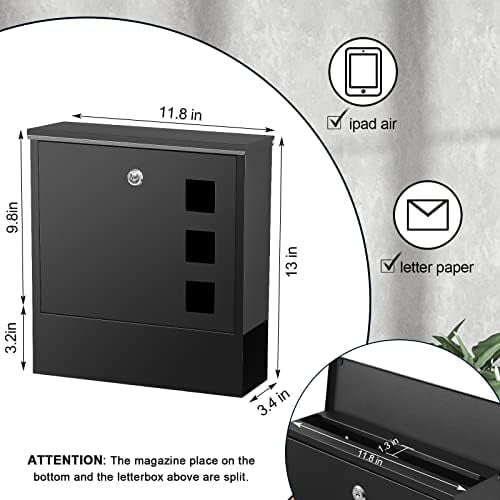 Locking Wall Mount Mailbox for Outside - Large Capacity Outdoor Mail Box with Key Lock for Home/Residential, Holds Newspapers/Magazines/Envelopes, 13 x 3.4 x 11.8 Inch, Black