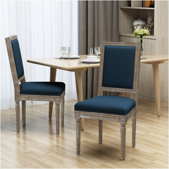 JERFIT Navy Blue Fabric Upholstered Dining Chairs Set of 2, Modern Farmhouse Kitchen Side Chairs with Solid Rubberwood Legs