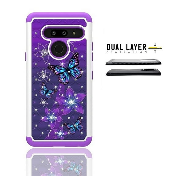 LG G8 ThinQ Case, Phone Case for LG G8 , Studded Rhinestone Crystal Bling Cover Case (Purple-Blue Butterfly)