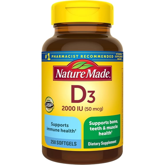 Nature Made Vitamin D3 2000 IU (50 mcg) Softgels, Vitamin D Supplement for Bone and Immune Health Support, 250 Count