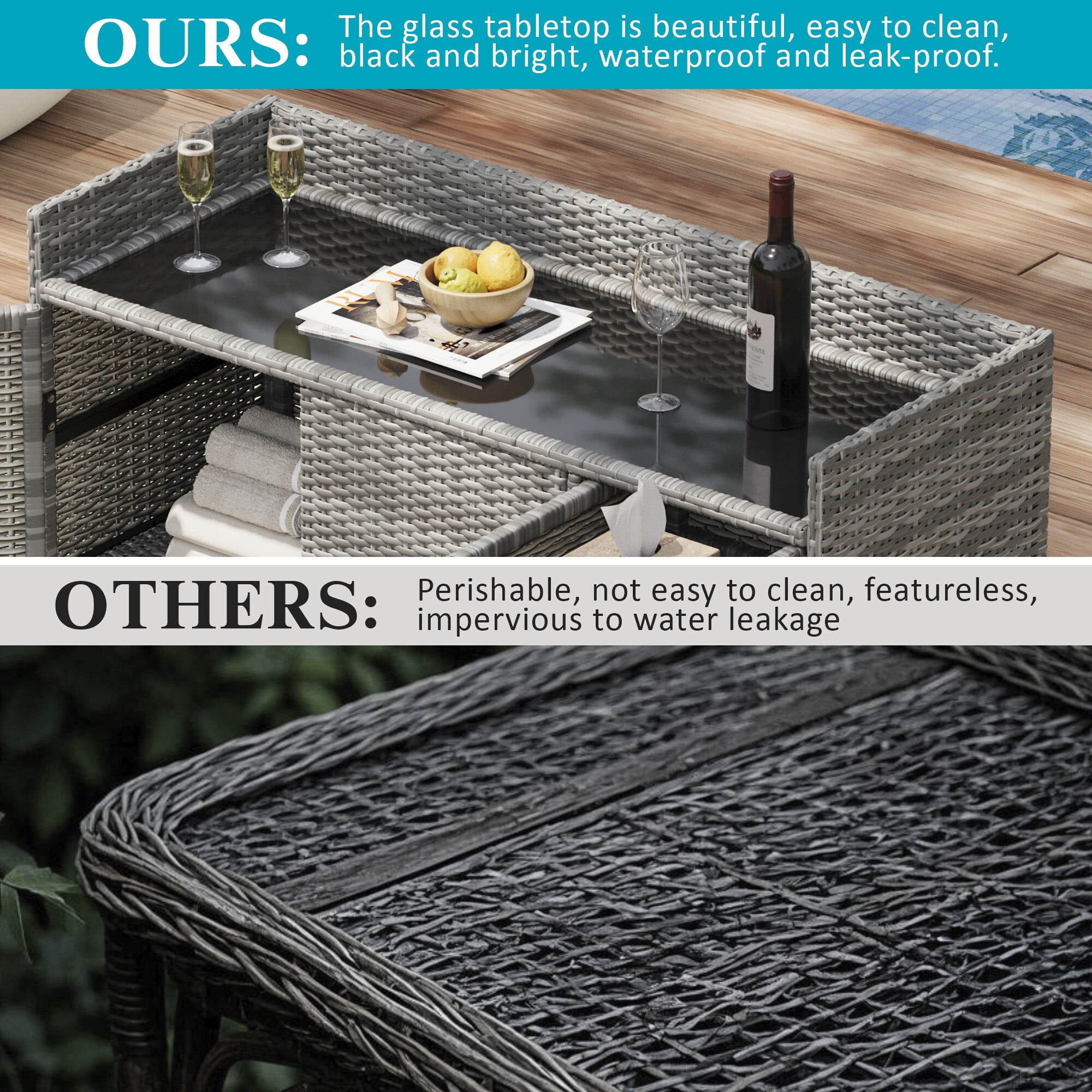 AENKYO 47.5" Wicker Outdoor Storage Cabinet with Tempered Glass Top, 3-Door Rattan Bar Table for Patio, Poolside, Gray