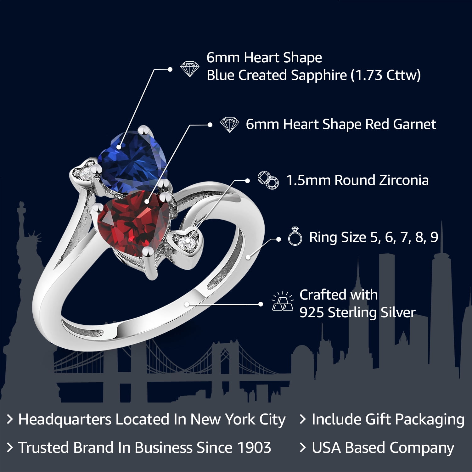 Gem Stone King 1.73 Cttw Blue Created Sapphire and Red Garnet Ring for Women | 925 Silver | Heart Shape 6MM | Gemstone Birthstone | Wedding Engagement Anniversary Promise Ring for Women | Size 5