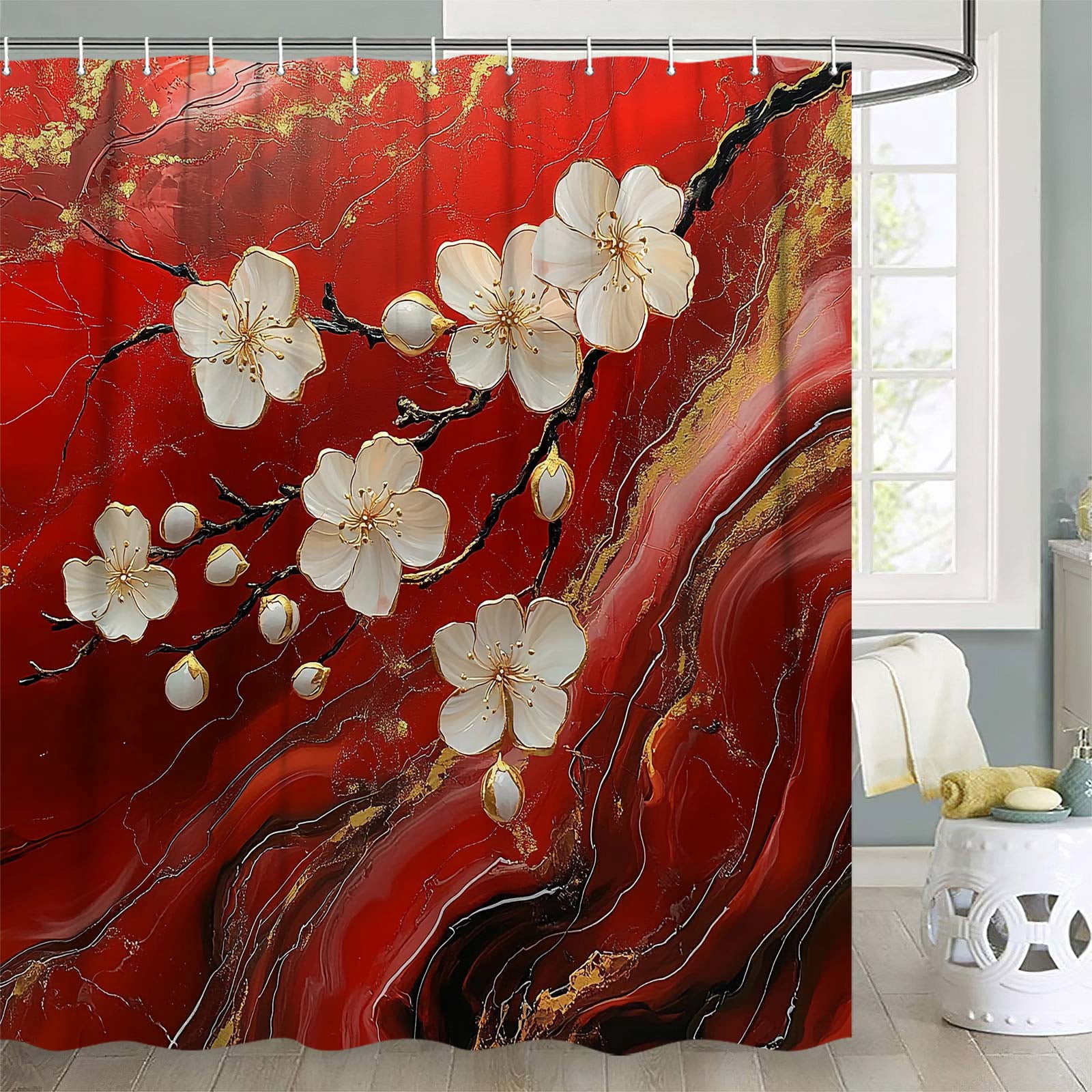 Red Shower Curtain, Abstract Red Marble 3D Floral Modern Luxury Shower Curtain Set for Bathroom, Waterproof Fabric Marble Bath Curtains with Hooks,72X72IN