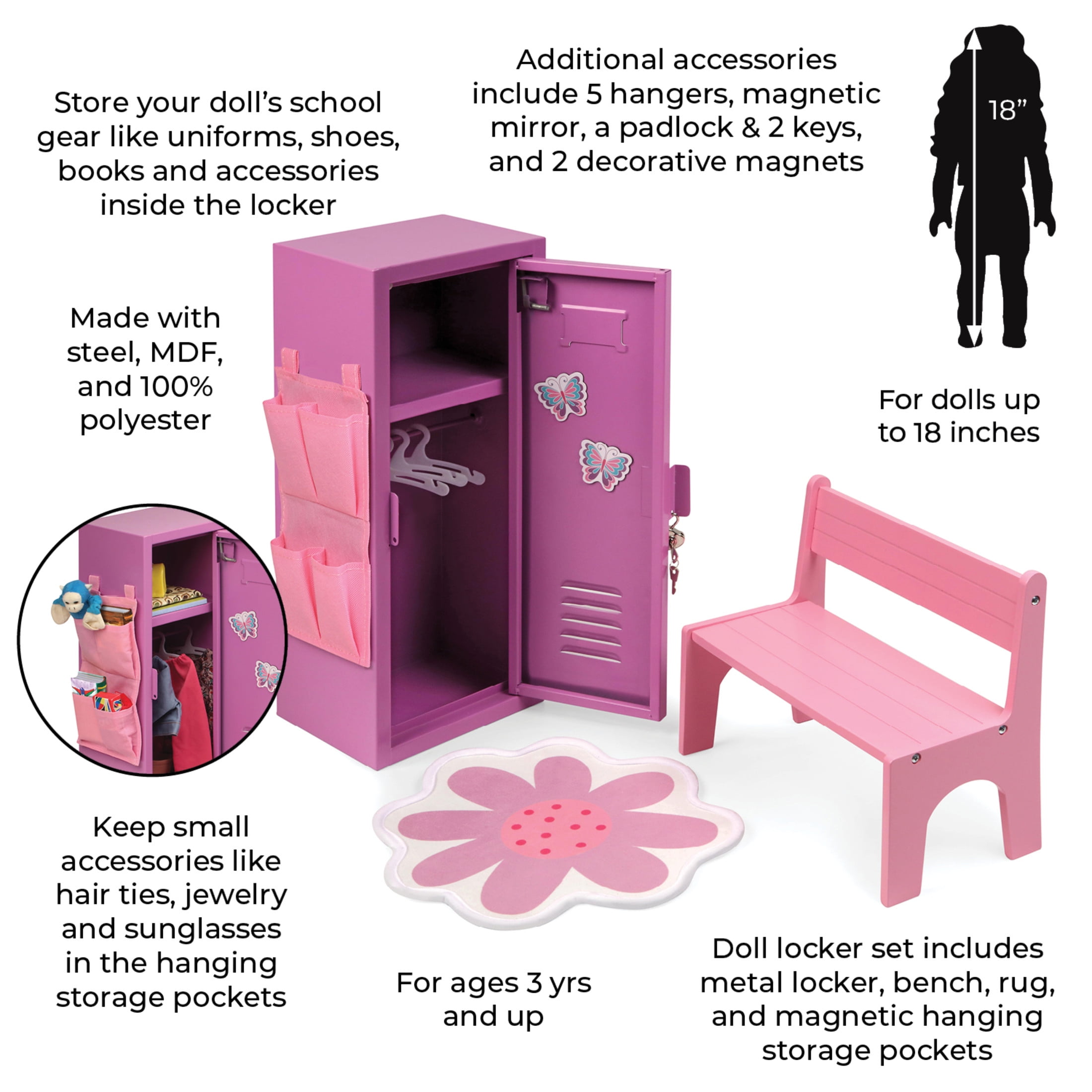 Badger Basket Doll Locker Set with Bench, Rug, and Accessories for 18 inch Dolls - Pink/Purple