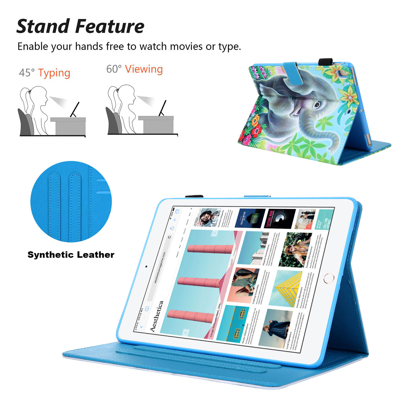 Allytech iPad 10.2 7th Generation Cases Covers, PU Leather Folio Flip Kickstand Auto Sleep Wake Protection Scratch Resistant Cards Slots Pencil Holder Case Cover for Apple iPad 10.2", Elephant