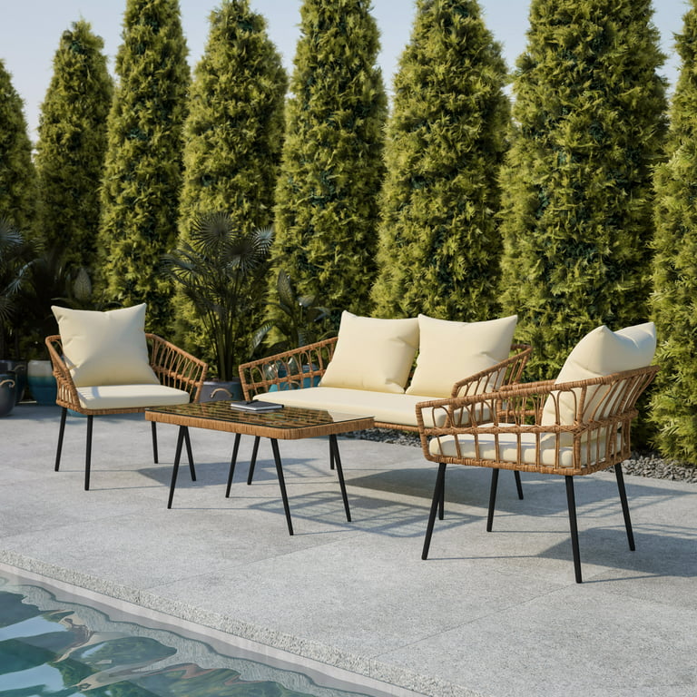 Flash Furniture Evin Boho 4 Piece Indoor/Outdoor Rope Rattan Patio Conversation Set with Tempered Glass Top Coffee Table and Cream Cushions, Natural