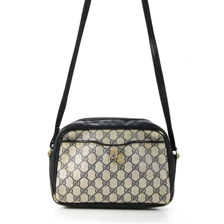 Pre-owned|Gucci Womens Monogram Coated Canvas Leather Trim Crossbody Handbag Ivory Black