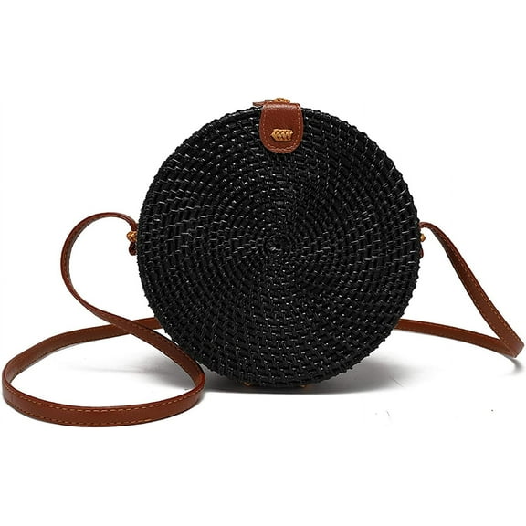 Nvzi-a Handwoven Round Rattan Bag for Women with Leather Strap Crossbody Straw Handbag